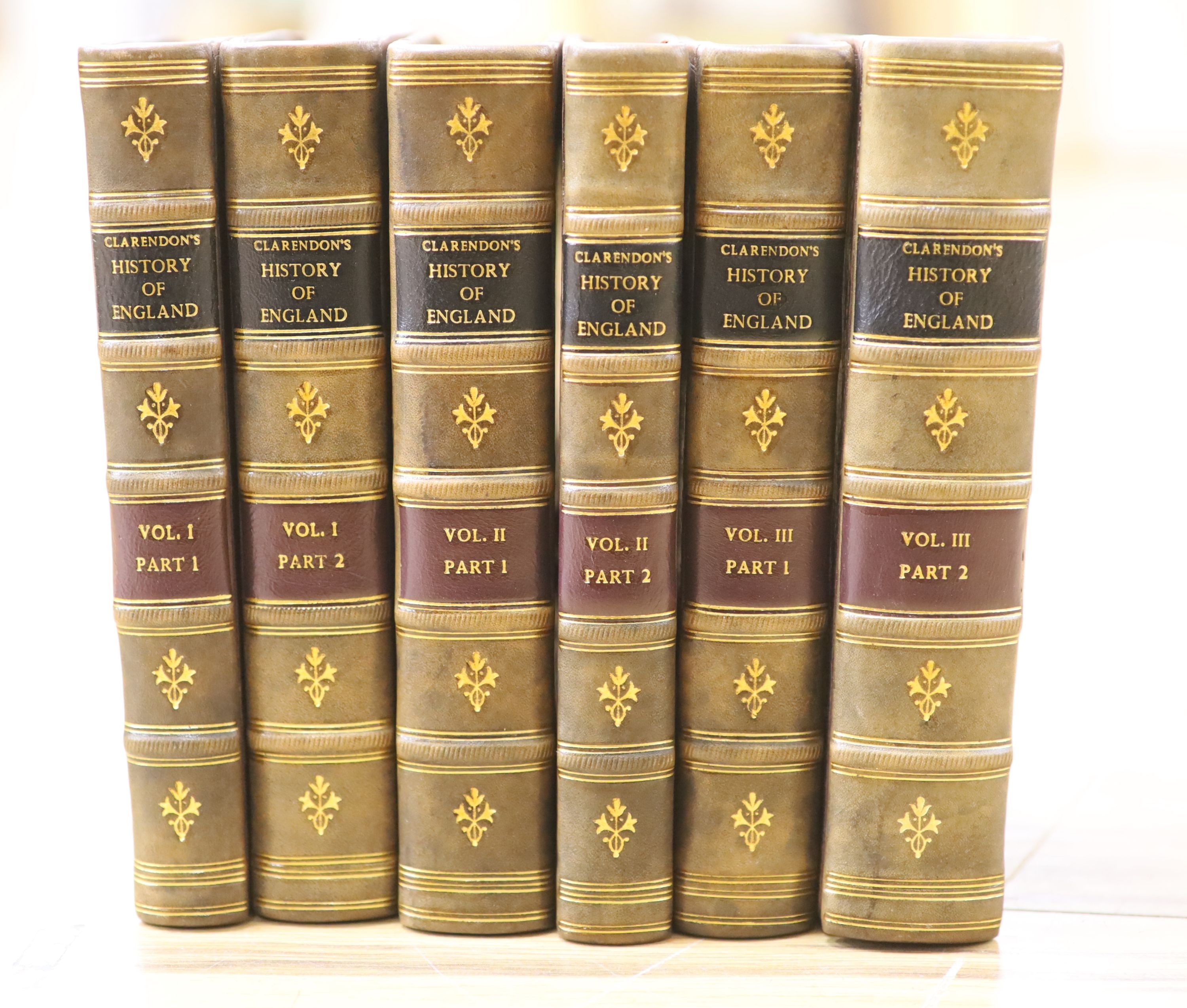 Clarendon, Edward Hyde (earl of) - The History of the Rebellion and Civil Wars in England, Begun in the Year 1641… 1st octavo edition. 3 vols (in 6). Complete with 4 illustrated frontispieces. Re-bound with old, panelled